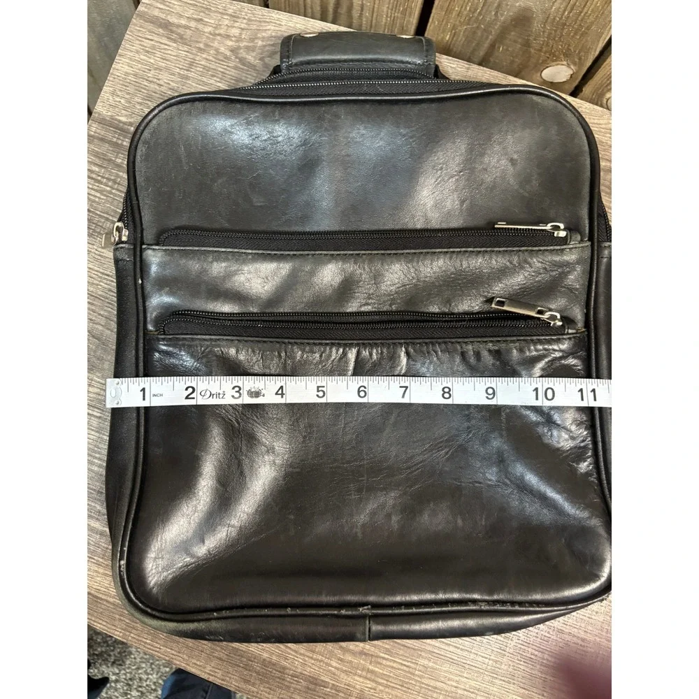 Vintage Black Leather Fold Out Messenger Bag Multi Pocket‎ Travel Case Handbag